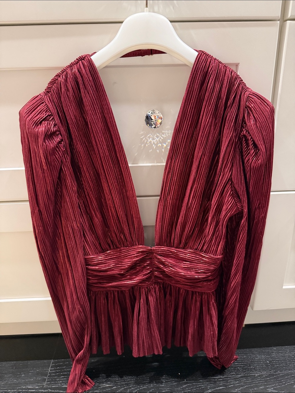 Plunging V-Neck Pleated Evening Dress in Burgundy